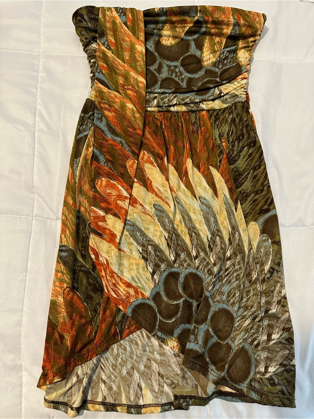 pop Strapless Feather-Print Dress in Olive, Rust and Cream